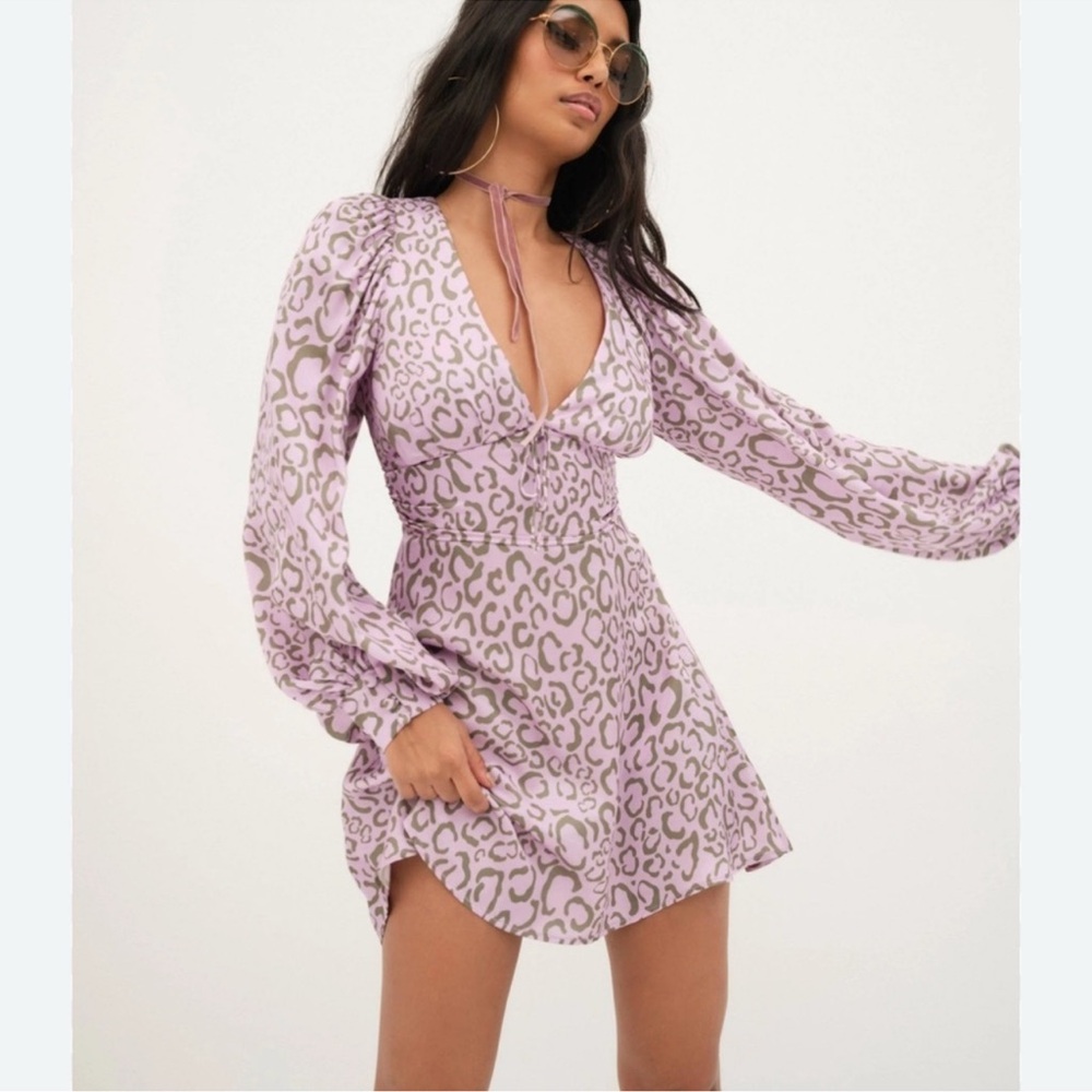 New with Tags For Love & Lemons Purple and Olive June Animal Print Mini Dress XS